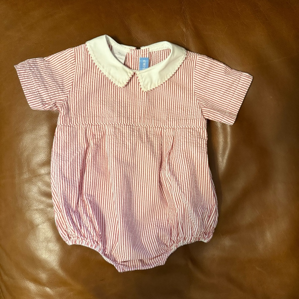 Mondays Child Baby Romper Red & White Peter Pan Collar Seersucker Stripe Bubble